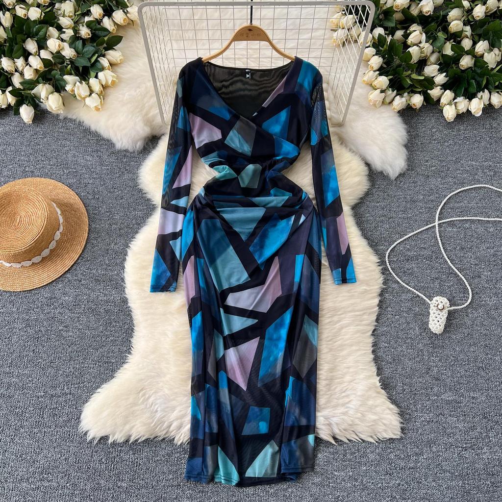 Neu Frühling Sommer Sexy Aushöhlen Mesh Langarm Kleid Frauen Elegante V-ausschnitt Floral Print Schlank Midi