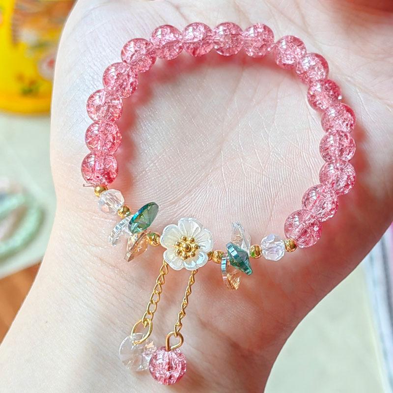 Cute Green Crystal Bead Bracelet for Women Trendy Lily Valley Flower Charm Elastic Adjustable Bracelet Wedding Birthday Jewelry