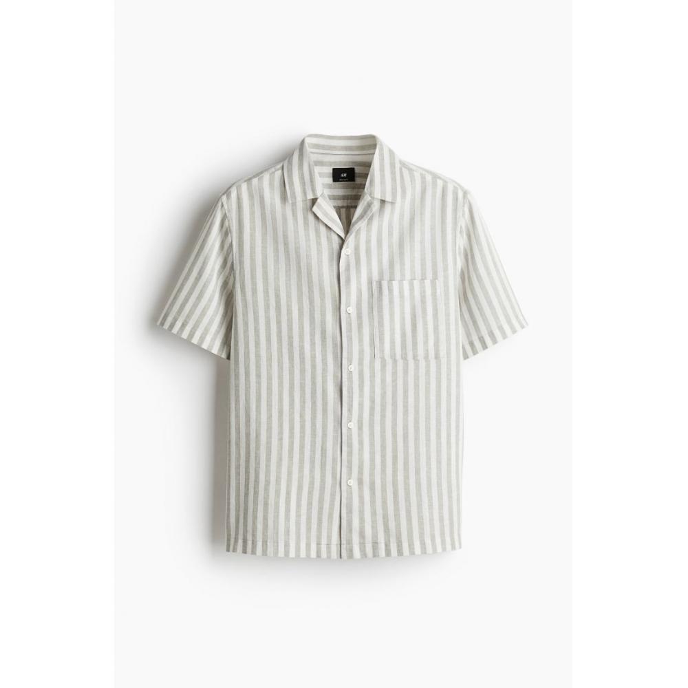 H M Regular Fit sHort Sleeve Linen Blend sHirt Green wHite Stripe