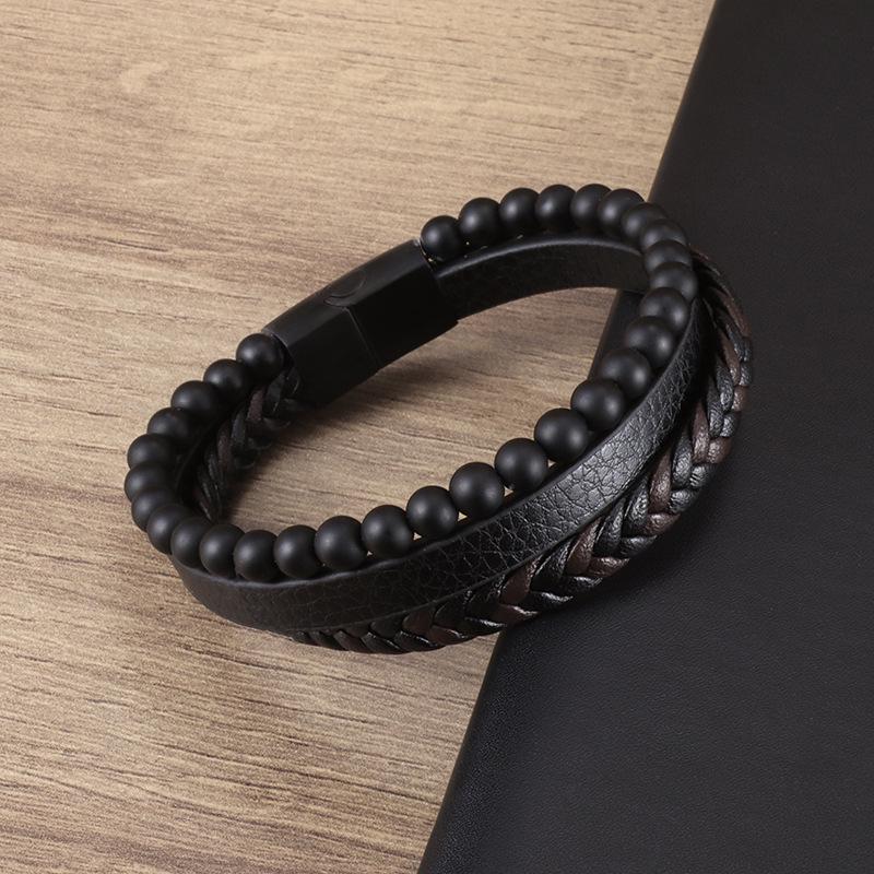 Natural Stone Volcanic Rock Men's Multi-Layer Leather Woven Bracelet