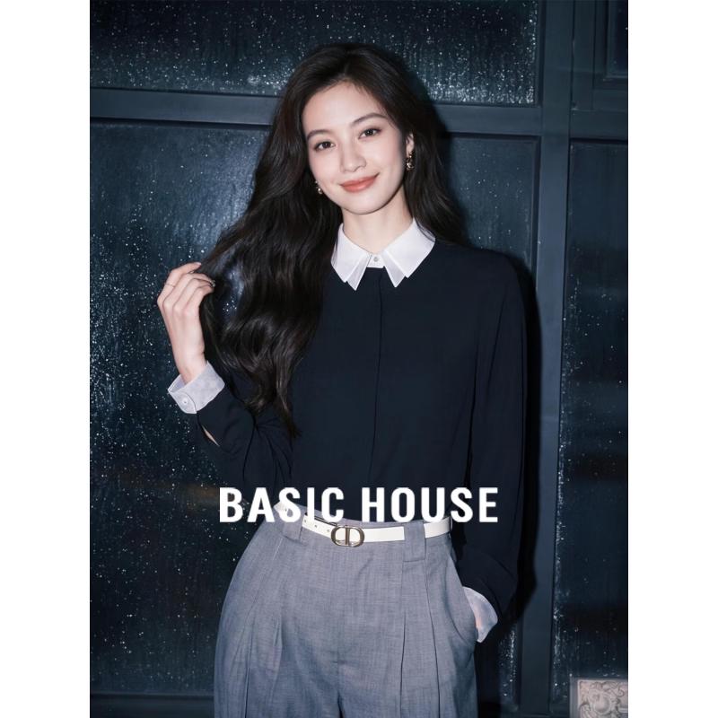 

Basic House Women s French Style Colorblock Lapel Long-Sleeve Shirt S