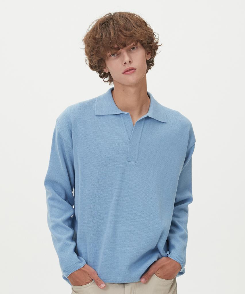 BLOND9 Essential Collared Knit Top_Sky Blue