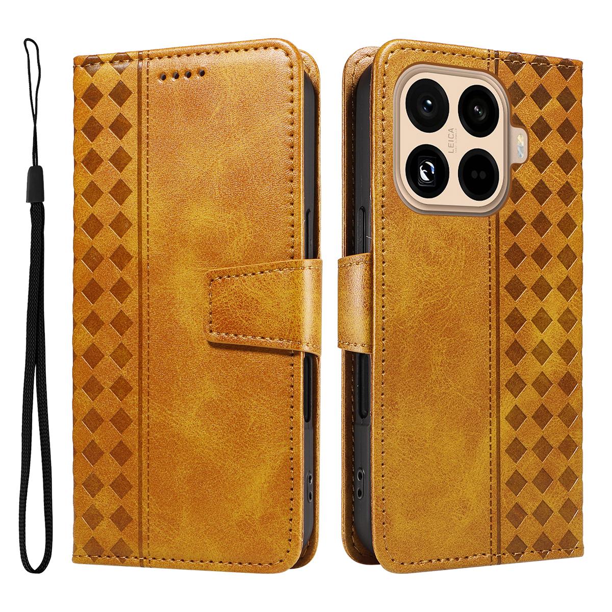 

For Xiaomi 15T Pro Leather Case Wallet Stand Grids Imprinted Phone Cover with Strap