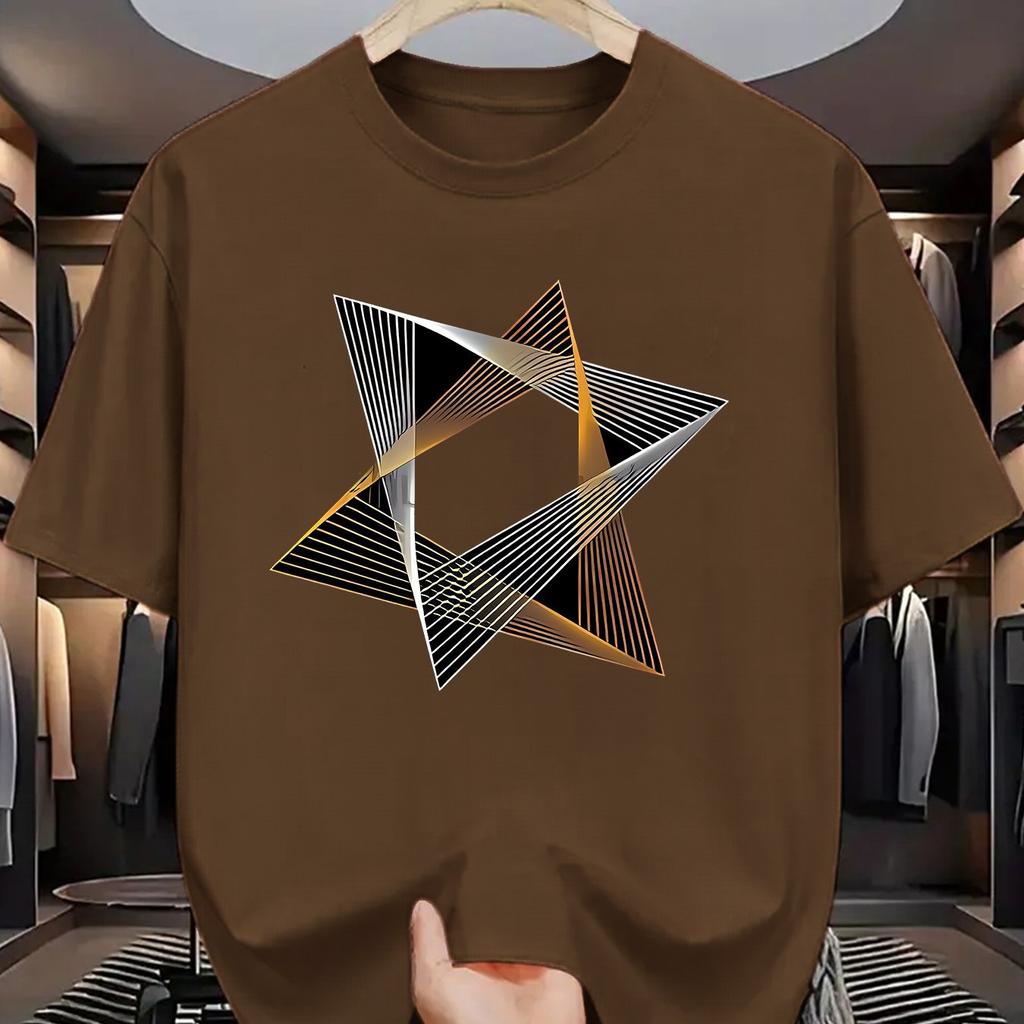 Geometric Star Print Mens Cotton TShirt Casual Short Sleeve Breathable Crew Neck Graphic Tee