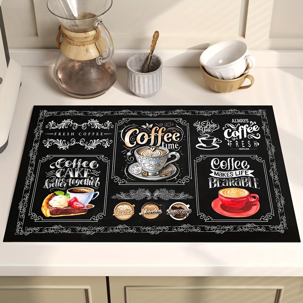 1 Stück Kaffee-Trockenmatte aus Gummi mit Retro-Kaffeegeschirr für Cafés, Küchenteppich, Geschirr, langlebige Kieselalgen-Schlamm-Tischmatte, Haustier-Kaffeegeschirr-Matte