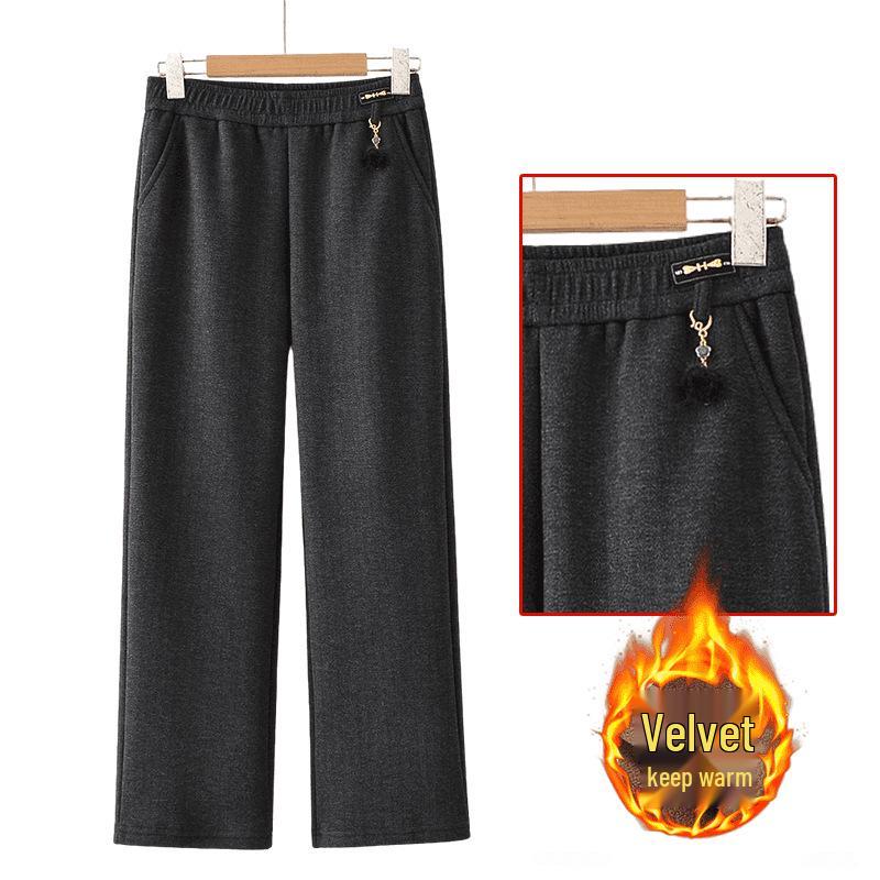 Middle-aged Women's High Waist Velvet-Lined Straight-Leg Warm Wool Pants