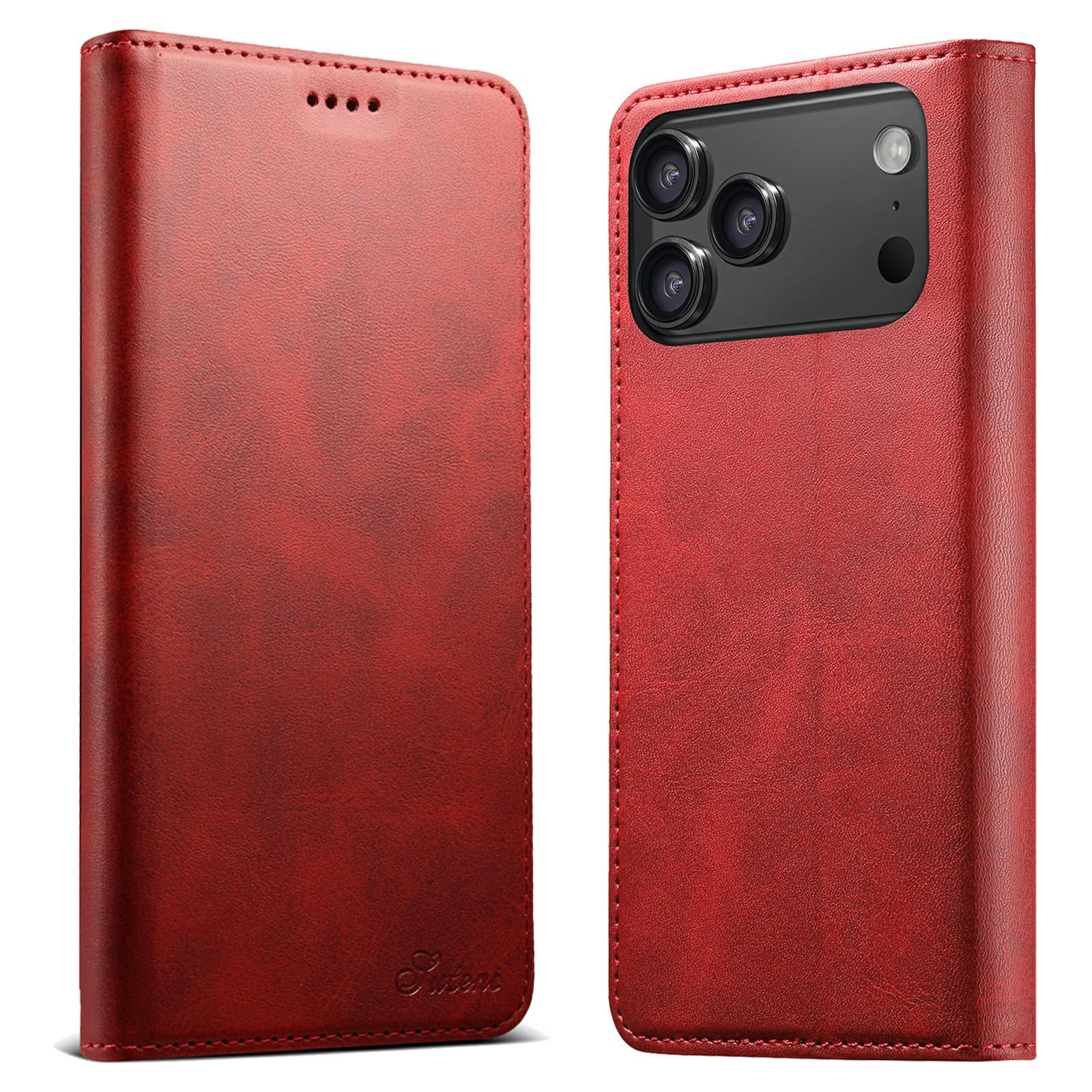 

SUTENI For iPhone 17 Pro Max Case PU Leather Wallet Stand Magnetic Closing Phone Cover Red