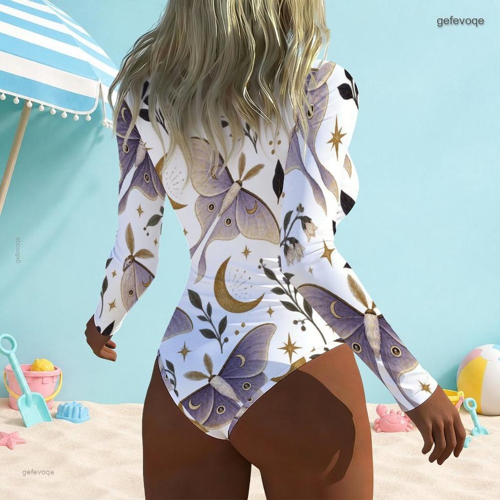 Women Plus Size White High Neck Front Zip Long Sleeve One Piece Printed Swimsuit