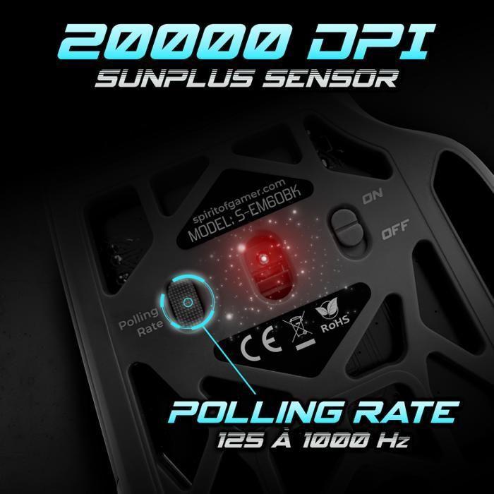 Souris Gamer RGB - SPIRIT OF GAMER - ELITE M60 DARK - 20000 DPI - 9 Touches Programmables - Filaire