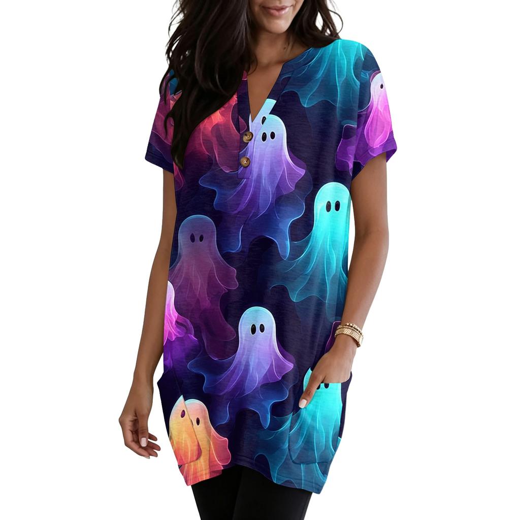 Women's V Neck Halloween Print Short Sleeve Pullover Dress with Pocket Casual Loose Fit Tunic Dress for Daily Wear