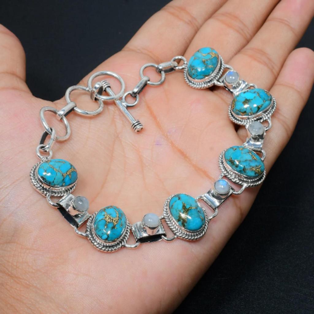 Blue Copper Turquoise With Moonstone Gemstone Bracelet Natural Gemstone 925 Sterling Silver Turquoise Bracelet For Gift To Someone You Love