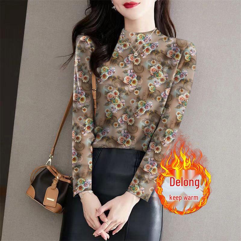 

Women s Ribbed Plush Floral Base Layer Top - Half-High Collar, Long Sleeve, Stylish, Slimming, Warm for Autumn/Winter. 4XL (150-170 jin)
