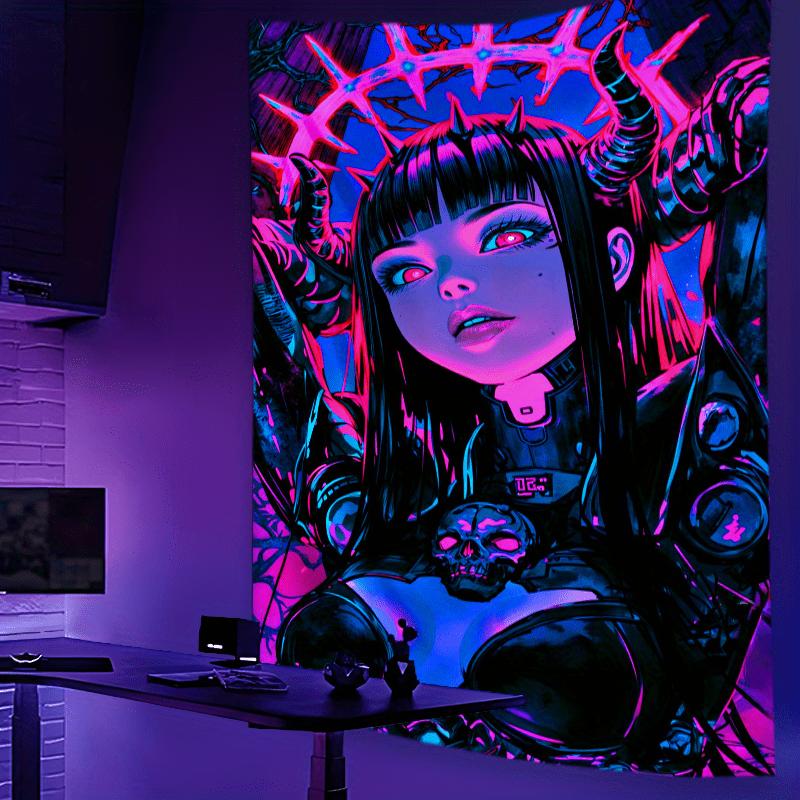 Neon Cyberpunk Warrior Girl Tapestry  Vibrant Wall Hanging with Futuristic Design for Bedroom and Living Room Decor