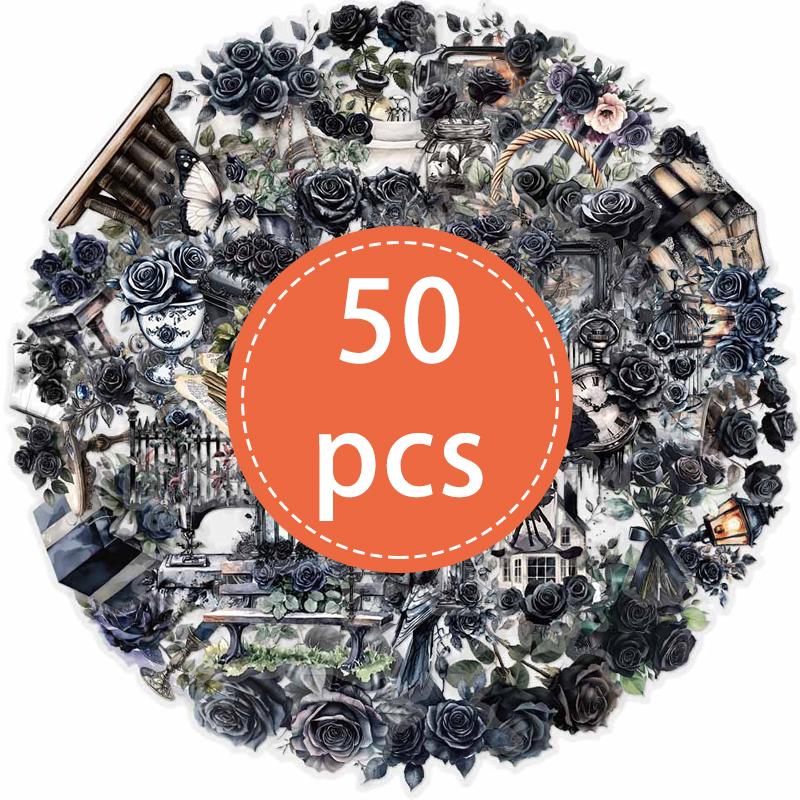 50 шт. Темные Эстетические Готические Прозрачные Наклейки Черная Роза Цветок Романтика Наборы Наклеек для Скрапбукинга, Ведения Дневника, Готика