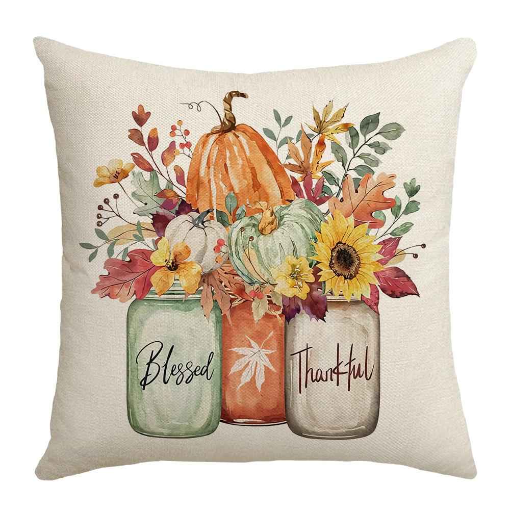 Thanksgiving Pumpkin Flower Elements Illustration Style Letter Print Home Festive Atmosphere Sofa Decoration Pillow Cover