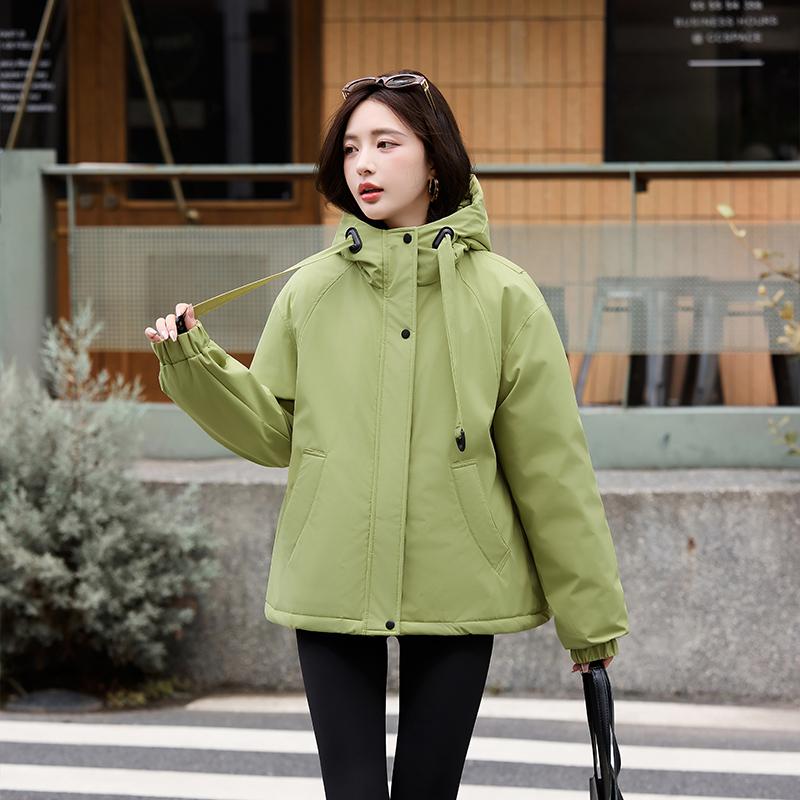 סתיו חורף מעיל פארקה חם מעובה נשים קז'ואל מתוק צבע אחיד כיס גדול מעיל רופף עם קפוצ'ון ז'קטים הלבשה עליונה