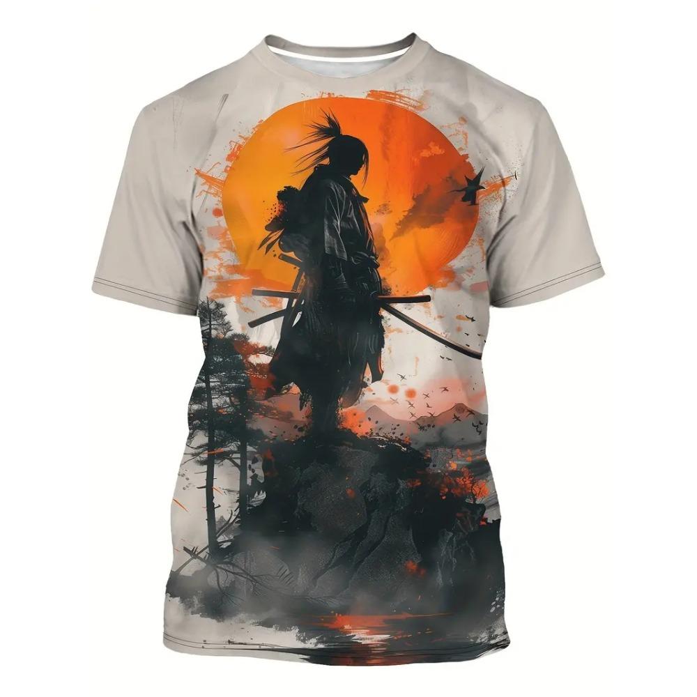 Samurai Men's T-shirt Soldier Print O Neck Short Sleeve Casual Anime Pullover Streetwear Outdoor Male Tee Top Oversized Clothing