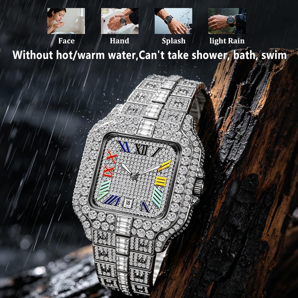 Mens Iced Out Watch Square Full Diamond Quartz Wrist Watch with Luminous Hands Date Waterproof Hip Hop Style