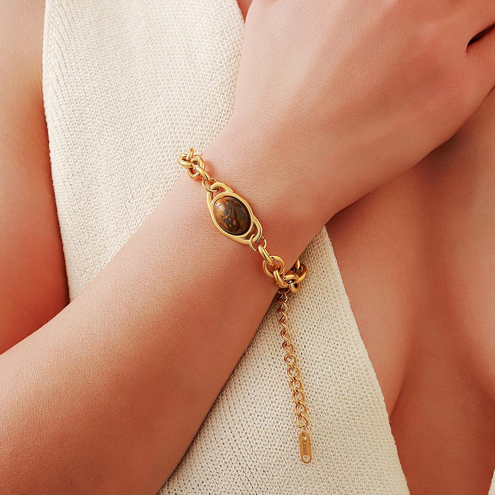 Ying Tai Stainless & Titanium Steel Bracelet with Tiger Eye and Natural Stone, High-Polished, 18k Gold-Plated, Retro European-American Style