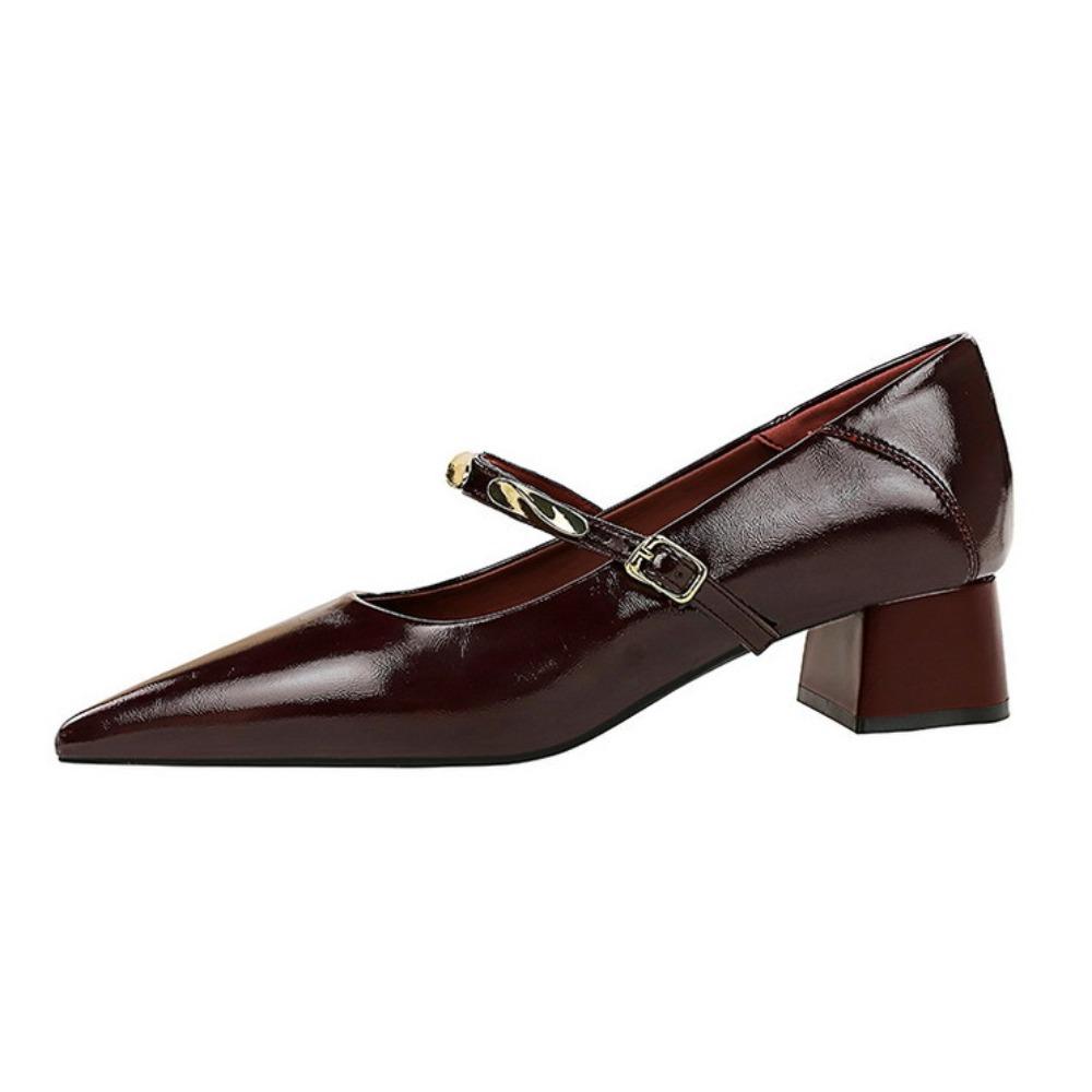 Korean Retro Patent Leather Pumps, Pointed Toe Buckle Design Block Heel Shoes, Simple Comfortable Mid Heel Daily Casual Office Dress Shoes for Women