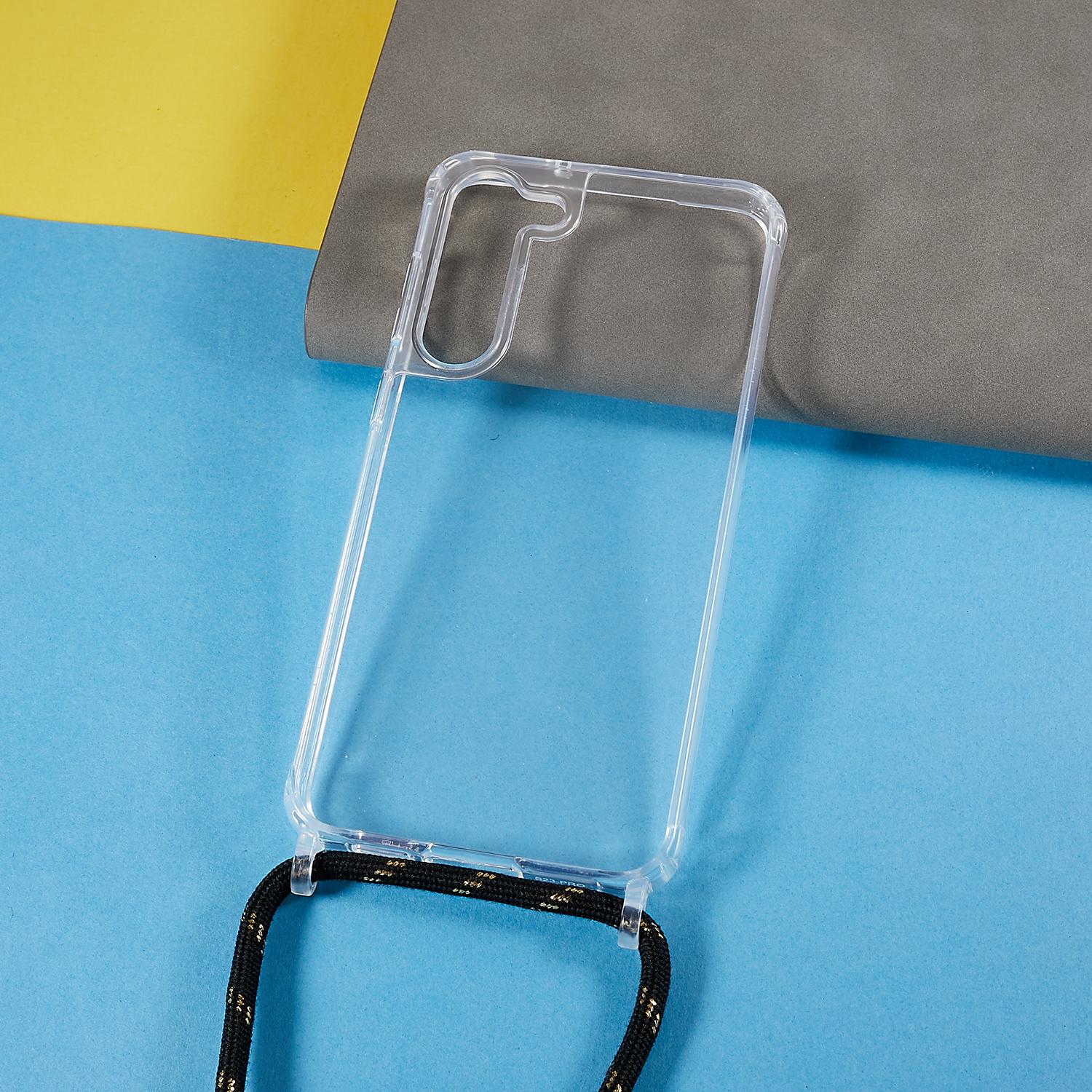 

For Samsung Galaxy S23+ Clear Phone Case Long Lanyard TPU+Acrylic Protective Cover Black/Gold