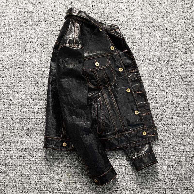 PU Leather Jacket Men's Knight Lapel Short Denim Leather Jacket