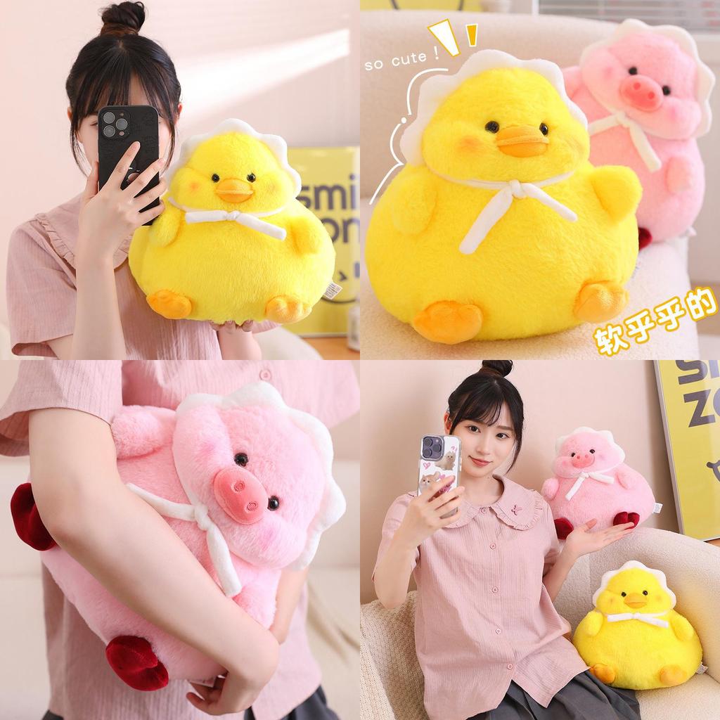 Cute And Fluffy Plush Toy Adorable Fat Duck With Headscarf And Pink Pig Soft And Huggable 30cm