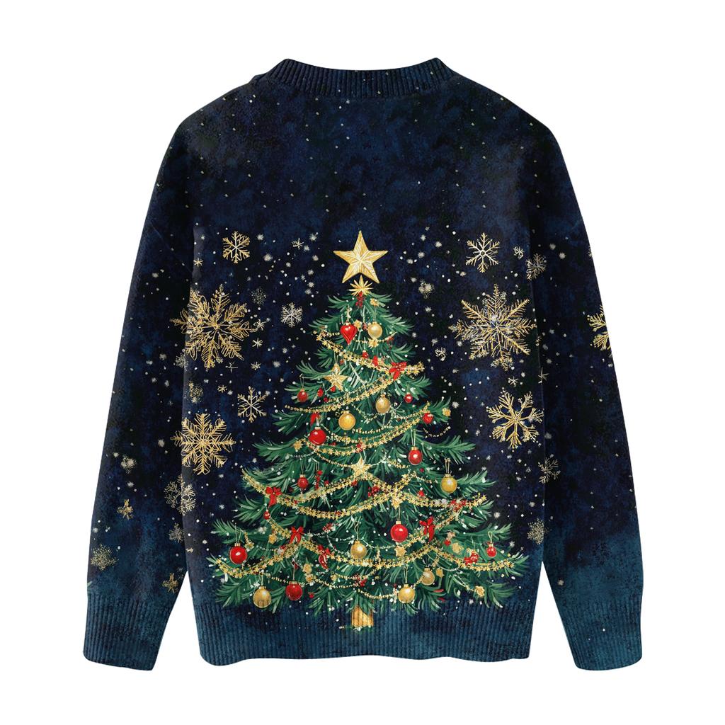 Ladies' Fashionable Casual Long Sleeved Beautiful Christmas Tree Print Round Neck Yarn Knitting