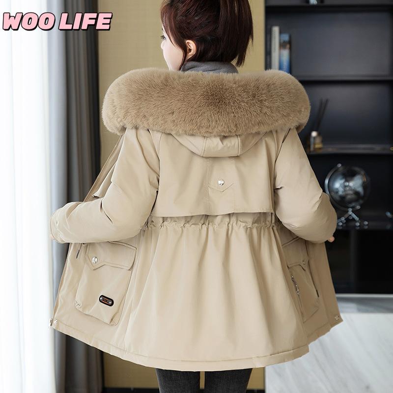Parker Clothing Women's New Winter All-match Cotton Clothing Plus Velvet Hooded Jacket, Big Fur Collar, Warm Cotton Clothing, Women's Cold Protection