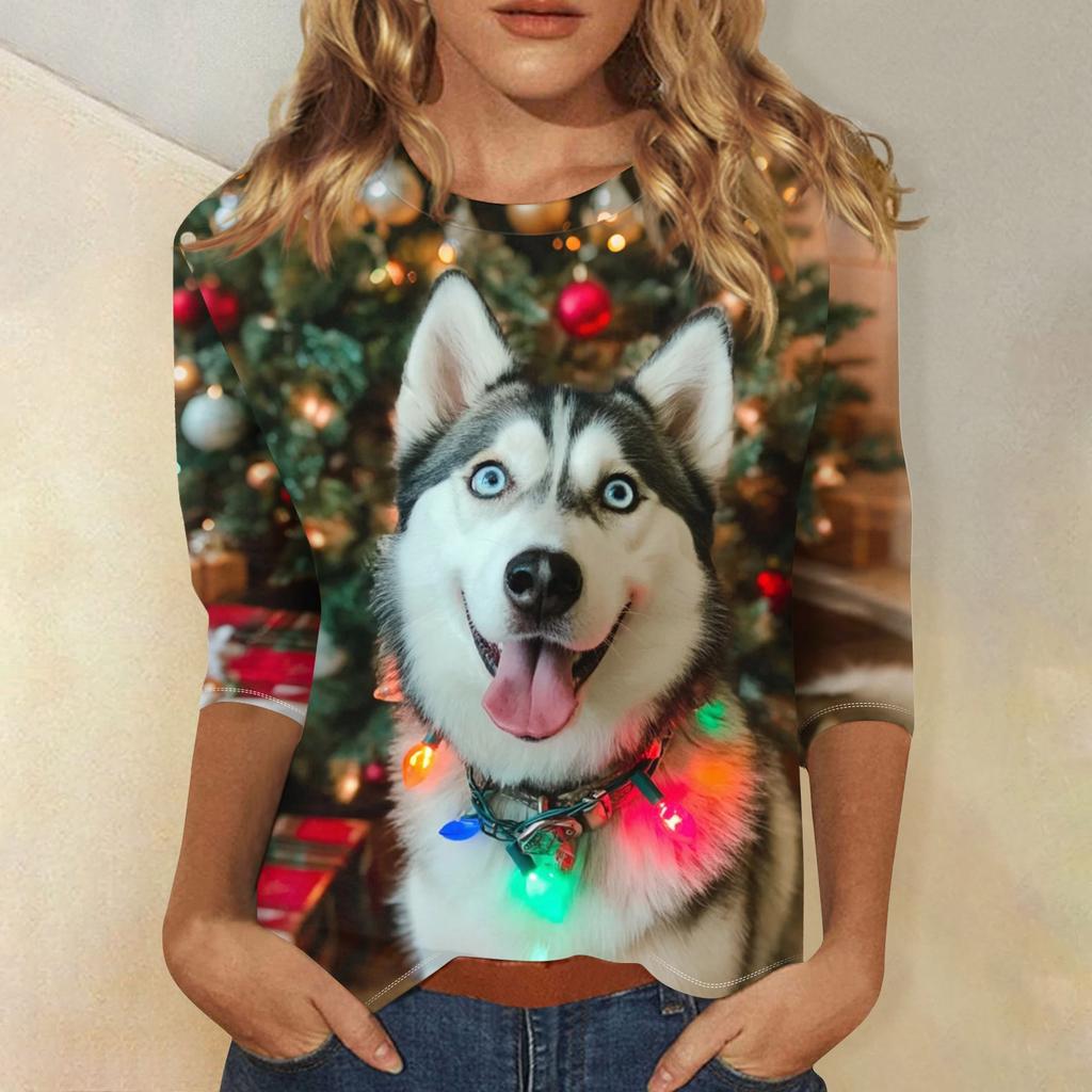 Women's Fashionable And Casual Three-quarter Sleeve Christmas Printed Round-neck Top