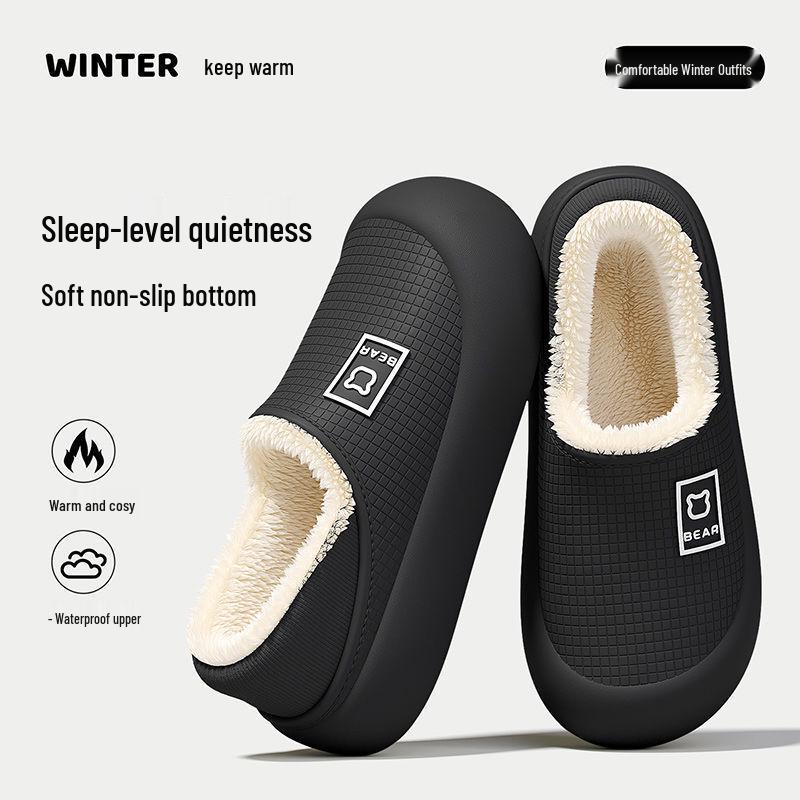 Waterproof Cotton Slippers: Women's/Men's Non-Slip Thick-Soled, Plus Velvet, Warm, Closed Heel for Autumn/Winter.