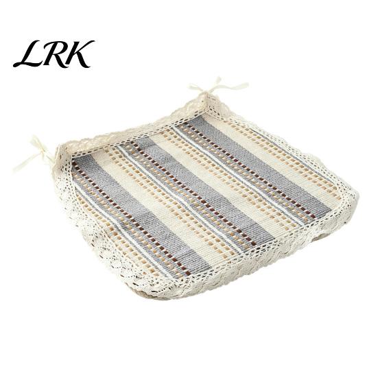 Cotton Linen Pads for Hard Chairs Chair Pad with Ties, Striped Plaid Mat Lightweight Seat Mats Lace Trim, Breathable Dining Office
