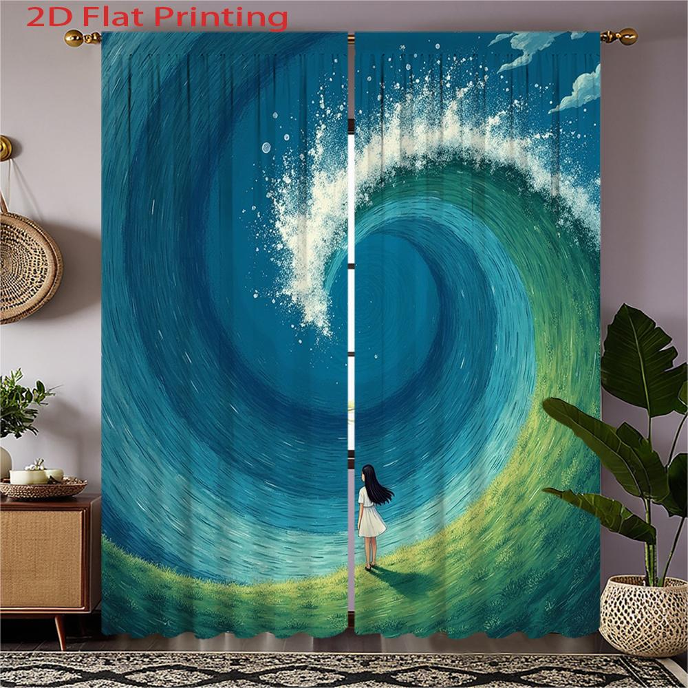 

2D Flat - 2pcs OceanWavePattern Flat Printing Curtains | BlueGreen Color Abstract Art Style Flannel Fabric Semi-Sheer Polyest 100*130 HOOK 1pcs