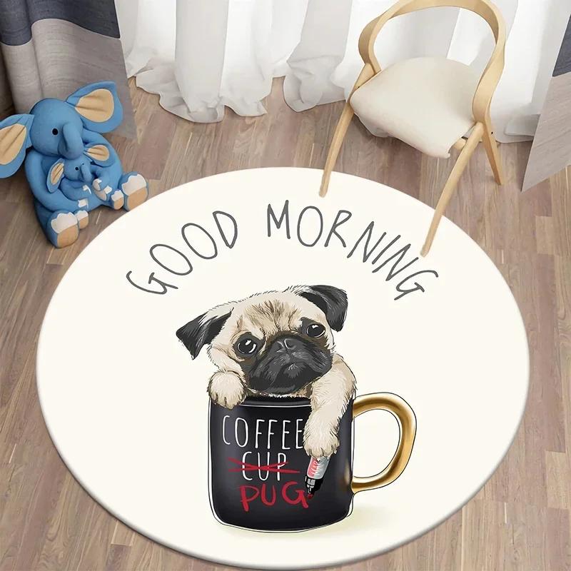 Cute Pug Dog Round Carpet Kawaii Pet Area Rug for Living Room Bedroom Decor Anti-Slip Floor Mat Circle Kitchen Entrance Doormat