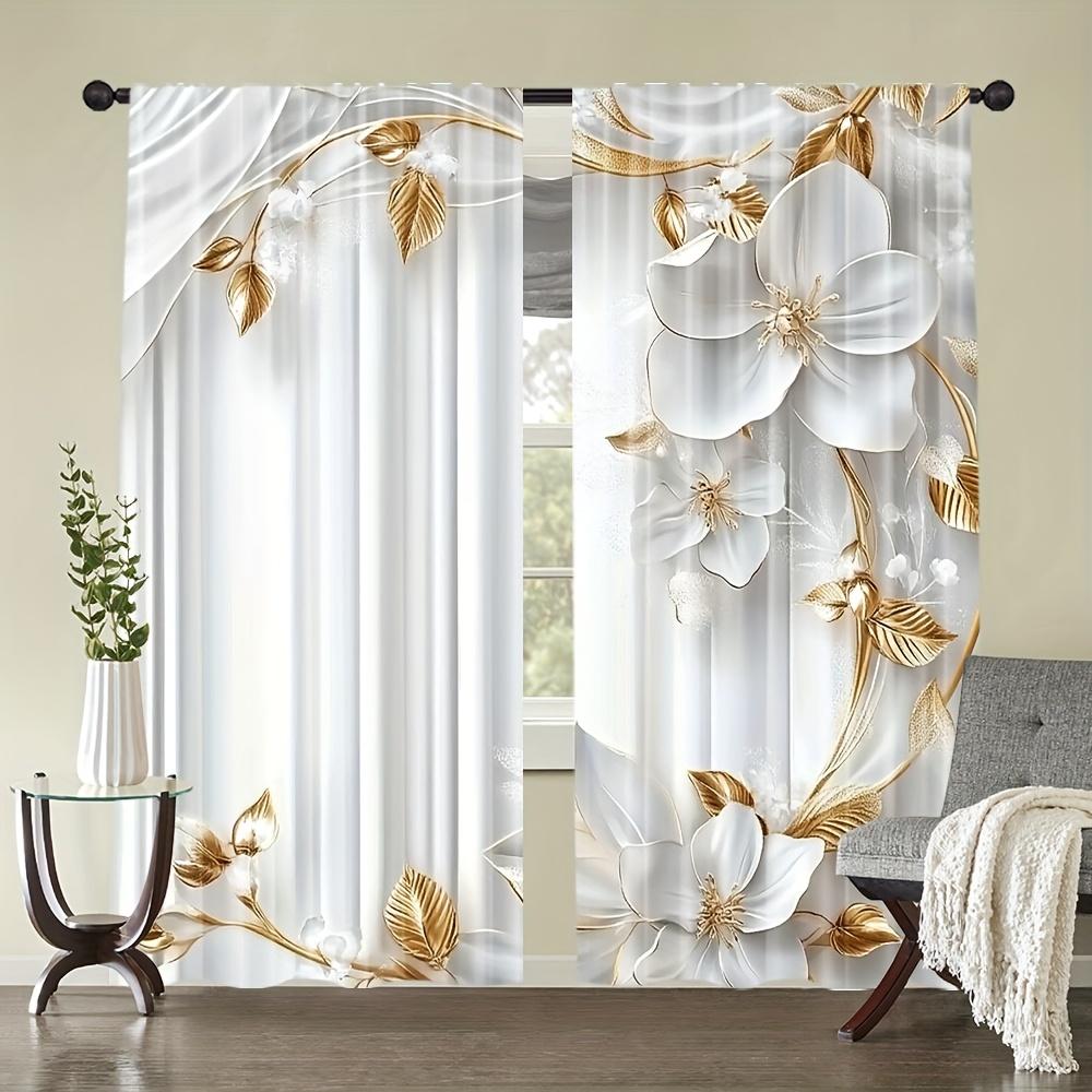 2pcs Elegant White Floral Print Sheer Polyester Curtains with Gold Accents & Rod Pocket  for Bedroom   Living Room   Kitchen & More