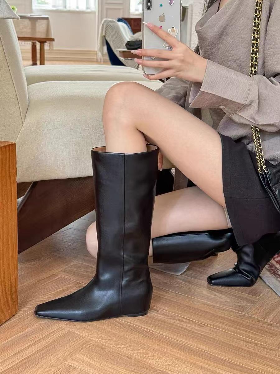 

Мода Осень Зима Однотонные 2024 Горячая Распродажа Туфли для Женщин Плоские С Заостренным Носком Женские Сапоги До Колена Botines De Mujer 36 чёрный