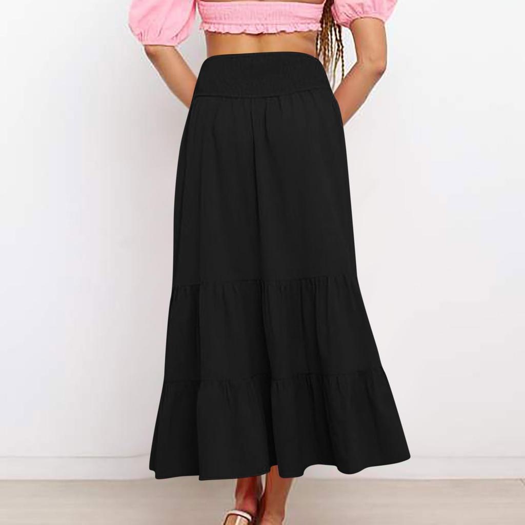 Women's Summer Bohemian Maxi Dress Elastic High Waist Pleated Ruffle Layered Culottes Casual Fashion Solid Color Flowy Skirt
