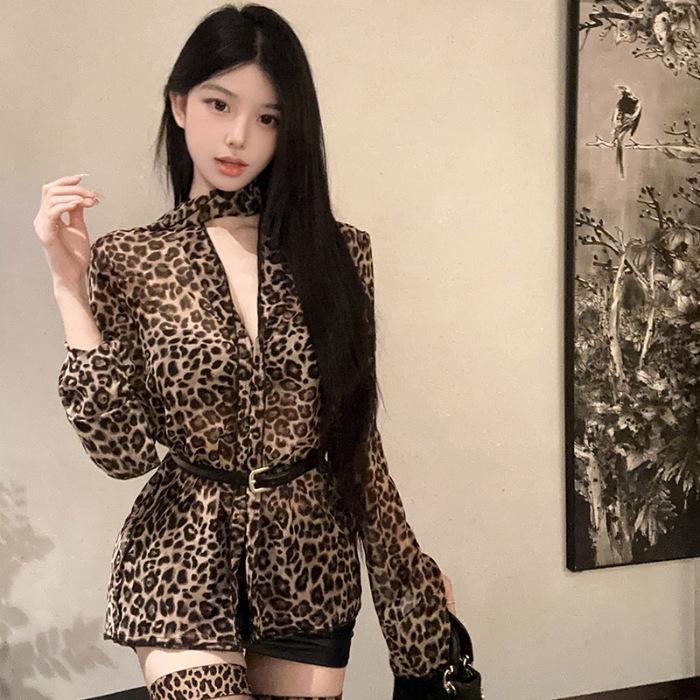 Summer sunscreen shirt leopard print v-neck long-sleeved chiffon shirt women s pure desire medium and long waist shirt top S
