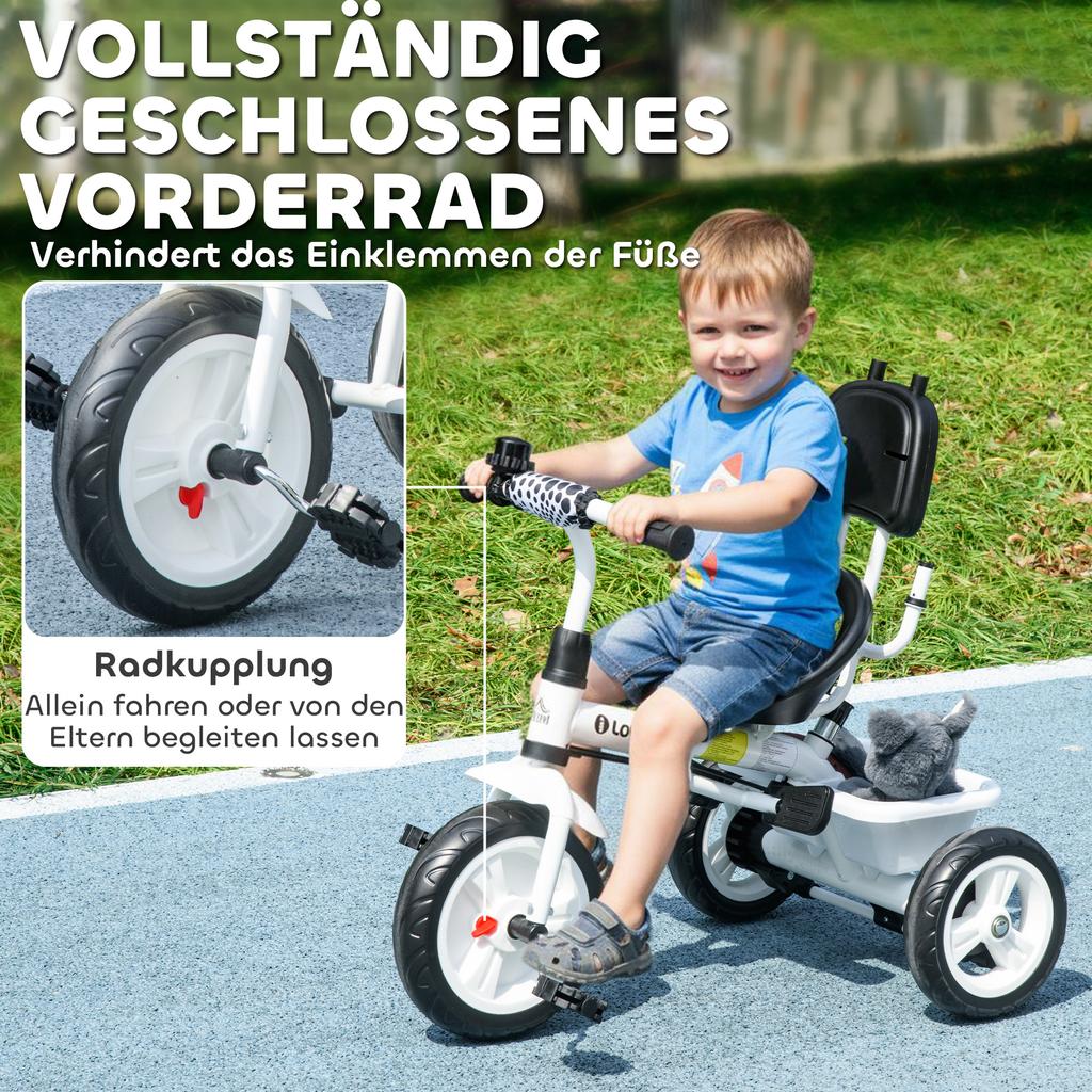 6-in-1 Children's Tricycle, Push Bar, Canopy, Harness, Storage Basket, 1-5 Years, White