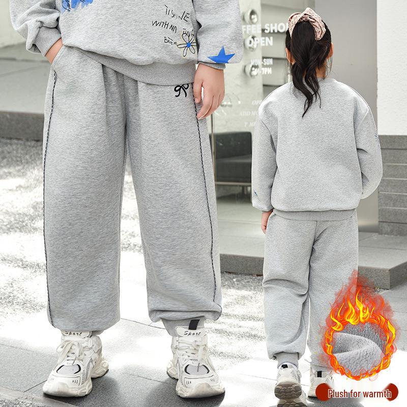 Plus Size Fleece-Lined Kids' Sweatpants: Autumn/Winter Style for Medium to Large, Chubby Girls