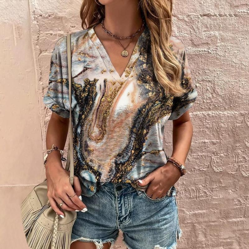 V-Ausschnitt Damen T-Shirt mit floralem Druck Damenbekleidung Kurzarm T-Shirts