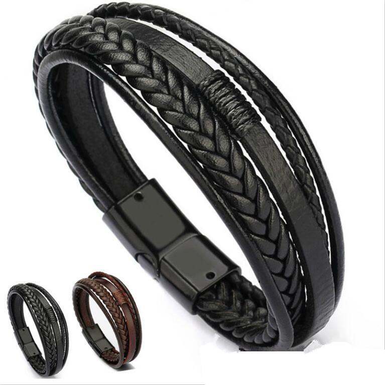 Men's Leather Bracelet Magnetic-Clasp Cowhide Braided Multi-Layer Wrap Bangle Stylish Accessory for Men