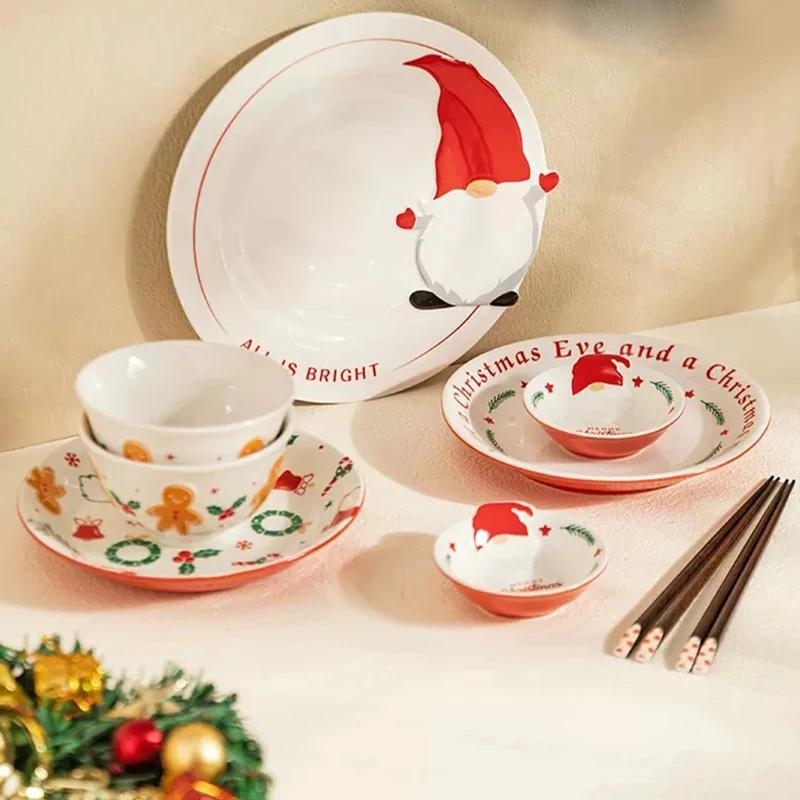 Ceramic Christmas Tableware Set with Handle, Soup Plate, Dinner Utensil, French Letter Cup, Steak Tray, Salad Bowl, Household