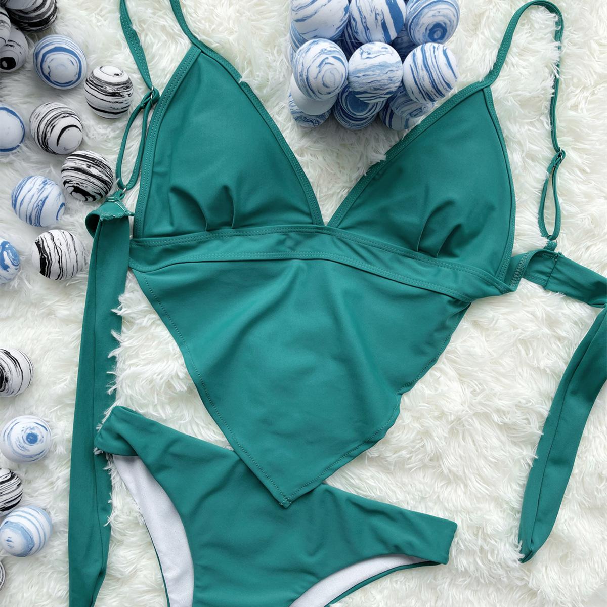 

Женский купальник, сексуальный купальник с завязками на спине, большой однотонный купальник на животе, комплект бикини M зелёный