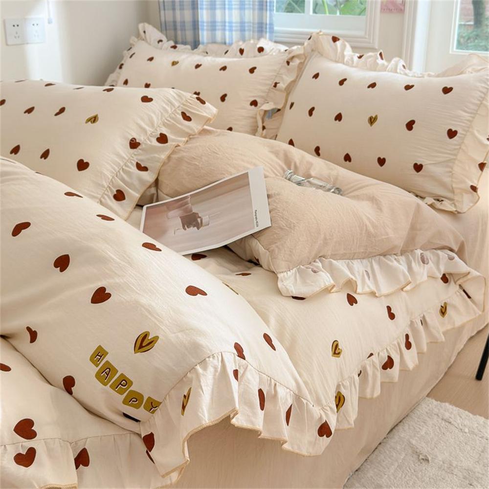 Ins Style Korean Princess Washed Cotton Four Piece Set Fresh Lace Duvet Cover Set, Bed Sheet Three Piece Set on the Bed