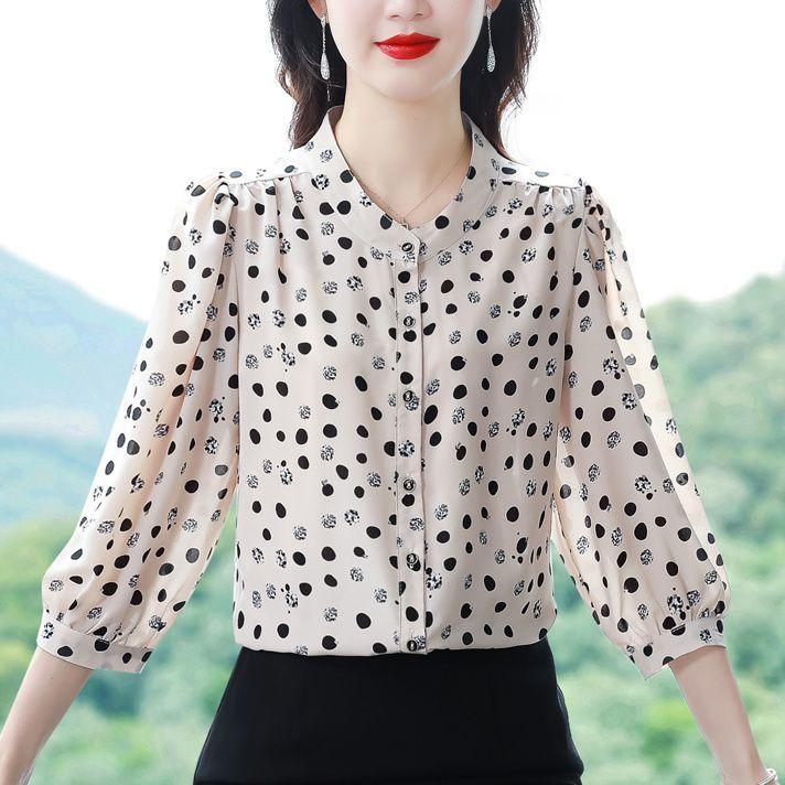 M-4XL Print Chiffon Shirt Women's Top Spring Autumn New Fashion Age Reducing Temperament 3/4 Sleeve Bottoming Blouse