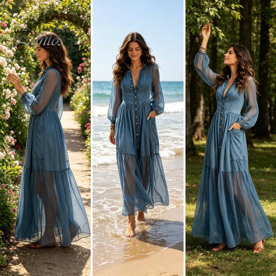 Versatile Women Dress Faux Denim Maxi Dress, Mesh Patchwork Long Sleeve Button Party Casual Down Shirt Loose Vintage Summer Simple Style