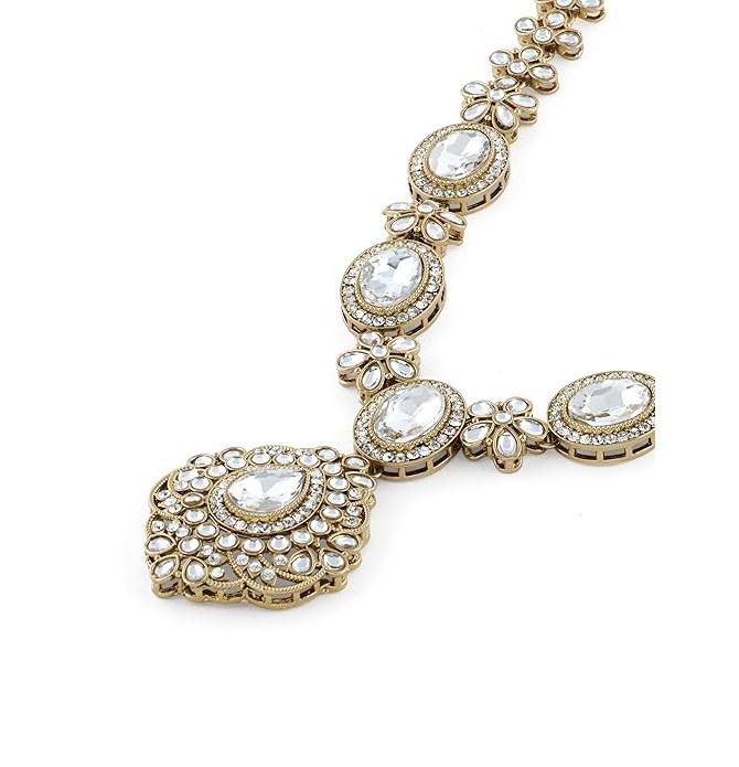 Antique Gold Tone Dazzling Stones Necklace Earring & Maangtikka Set For Women