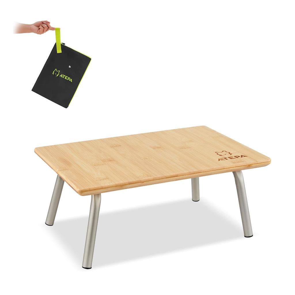 ATEPA Mini Faltbares Outdoor Solo Niedrig 15kg Gewicht Bett mit Freizeit-Tisch, Bambus, Kompakt, Klein, Tisch, Camping, Tisch, Kapazität, Aufbewahrung, Picknick,