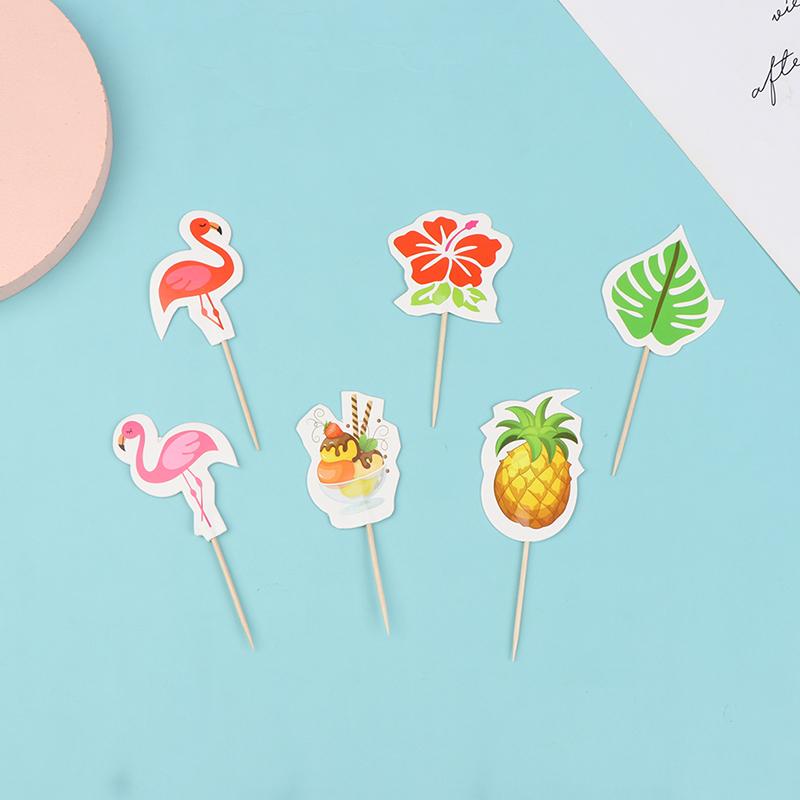 24Pcs Luau Cupcake Toppers Hawaiian Toothpicks With Flamingo Pineapple Palm Leaves Shape Picks Tropical Summer Beach Party Decor